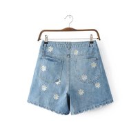 Spring Summer New Daisy Embroidery Bermuda Shorts Women Fashion High Waist Shorts Denim Short Jeans - Thumbnail 3