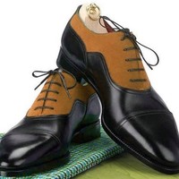 Handmade Men's Black Tan Leather Suede Cap Toe Lace Up Shoes, Men Designer Shoes - Thumbnail 1