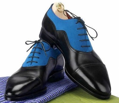 Handmade Men's Blue Black Leather Suede Cap Toe Lace Up Shoes, Men Designer Shoe