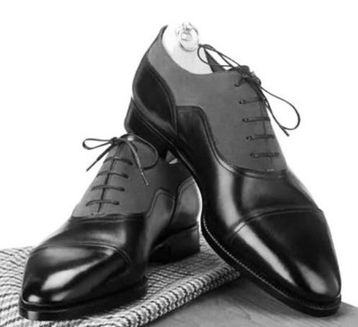 Handmade Men's Black Gray Leather Suede Cap Toe Lace Up Shoes, Men Designer Shoe