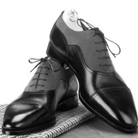Handmade Men's Black Gray Leather Suede Cap Toe Lace Up Shoes, Men Designer Shoe - Thumbnail 1