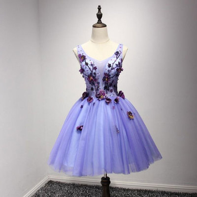 V neck short homecoming dresses with 3d flowers - Thumbnail 3
