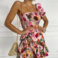 Women Floral One Shoulder Shirring Top & Wrap Skorts - Thumbnail 1