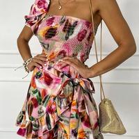 Women Floral One Shoulder Shirring Top & Wrap Skorts - Thumbnail 2