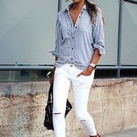 Blue and White Striped Button Down Long Sleeved Shirt - Thumbnail 1