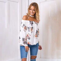 White Floral Print Off-The-Shoulder Long Sleeves Blouse - Thumbnail 1
