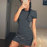 Short Sleeve Black And White Striped Dresses Casual Elegant Sheath Slim Dress - Thumbnail 1
