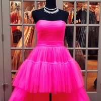 Chic A-Line Strapless Pink Tulle High Low Tulle Prom Evening Dresses - Thumbnail 1