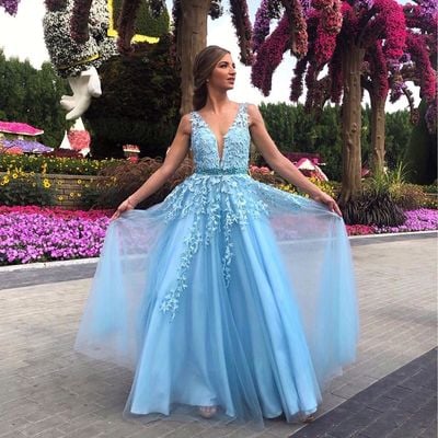 Charming a line v neck blue long prom/evening dress appliques - Thumbnail 5