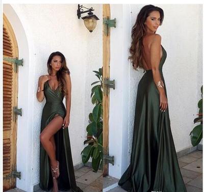 A-line Olivia Green Long Satin Backless Split V neck Prom Dress,V neck Formal Evening gowns,558