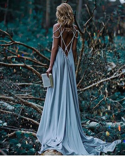 Sexy Pearl Back Dusty Blue Long Prom/Evening/Holiday Dress,571