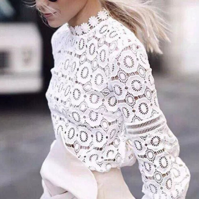 Lace appliqued mock neck long sleeved shirt - Thumbnail 4