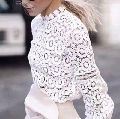 Lace Appliqued Mock Neck Long Sleeved Shirt