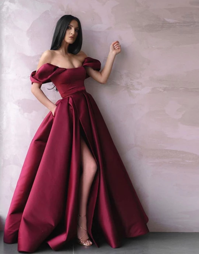 Exquisite A-Line Off the Shoulder Burgundy Satin Long Prom Evening Dresses with High Split