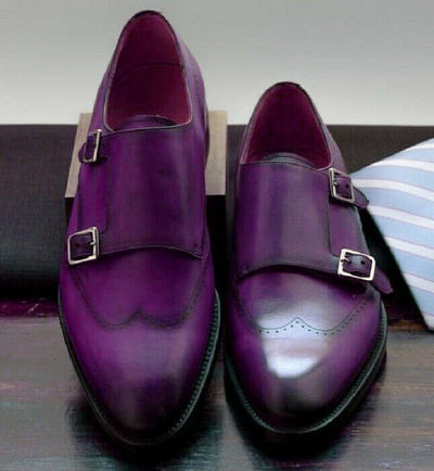 Splendid Pair Dark Violet Twin Straps Wingtip Bona Fide LEATHER MONK Dress Shoes