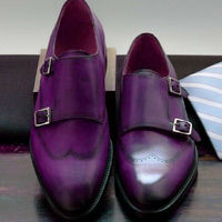 Splendid Pair Dark Violet Twin Straps Wingtip Bona Fide LEATHER MONK Dress Shoes - Thumbnail 1