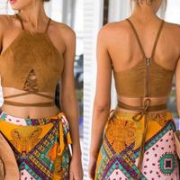Suede Halter Neck Lace-Up Crop Top - Thumbnail 1
