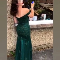 Stylish Mermaid Off the Shoulder Green Lace Long Prom Evening Dresses with Appliques - Thumbnail 1