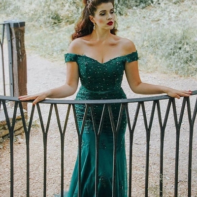 Stylish mermaid off the shoulder green lace long prom evening dresses with appliques - Thumbnail 5