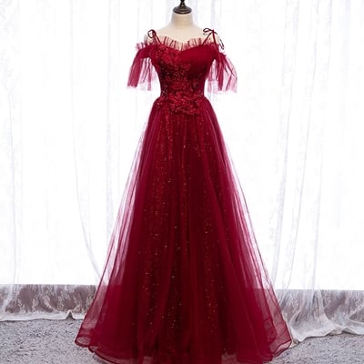 Burgundy tulle lace long prom dress evening dress - Thumbnail 5