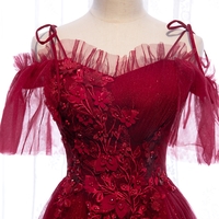 Burgundy tulle lace long prom dress evening dress - Thumbnail 1