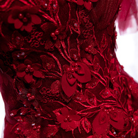 Burgundy tulle lace long prom dress evening dress - Thumbnail 3
