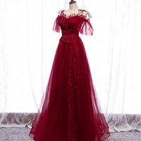 Burgundy tulle lace long prom dress evening dress - Thumbnail 2