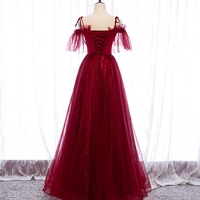 Burgundy tulle lace long prom dress evening dress - Thumbnail 4