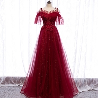 Burgundy tulle lace long prom dress evening dress - Thumbnail 5