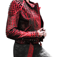 Women Motorcycle Punk Heavy Metal Spiked Tonal Black Studded Red Leather Jacket - Thumbnail 1