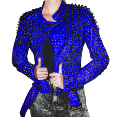 Women motorcycle punk heavy metal spiked tonal black studded royal blue leather jacket
