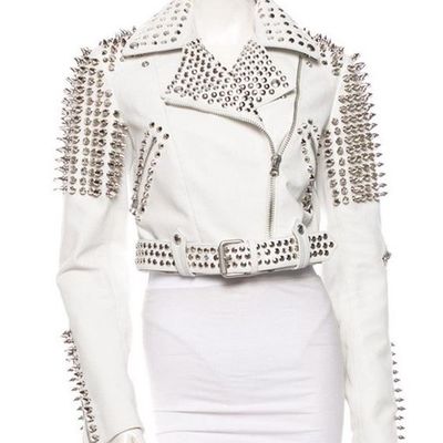 Women motorcycle leather rider women for men's silver tone studded white leather jacket 
