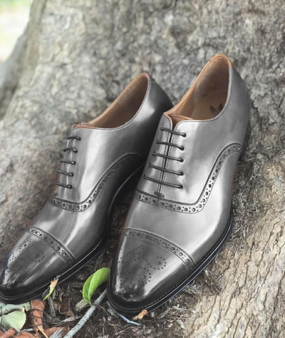 Mens Gray Oxfords Brogues Lace Up Cap Toe Formal Wear Handmade Shoes