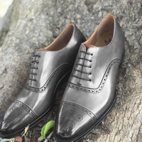 Mens Gray Oxfords Brogues Lace Up Cap Toe Formal Wear Handmade Shoes - Thumbnail 1