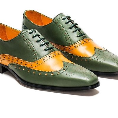 Oxford two tone tan green wing tip full brogue toe real cowhide leather lace up footwear shoes