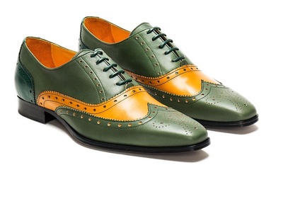 Oxford Two Tone Tan Green Wing Tip Full Brogue Toe Real Cowhide Leather Lace Up Footwear Shoes