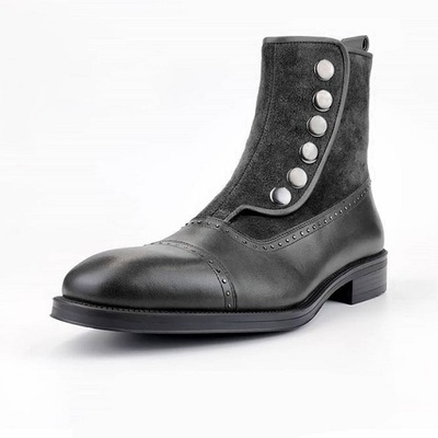 Men's ankle boots black button top & side zipper leather suede boot - Thumbnail 2