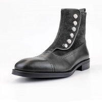 Men's Ankle Boots Black Button Top & Side Zipper Leather Suede Boot - Thumbnail 1