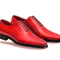 Red Color Black Sole Superior Leather Lace Up Men Oxford Handmade Formal Shoes - Thumbnail 4