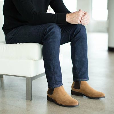 Men's beige color chelsea jumper slip on high ankle suede leather boots - Thumbnail 3