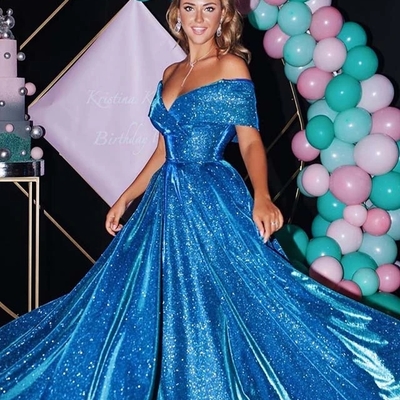 Sparkly ball gown off the shoulder blue long prom evening dresses formal party dresses - Thumbnail 4