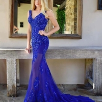 Luxurious Mermaid V Neck Royal Blue Long Prom Evening Dresses with Beading - Thumbnail 3