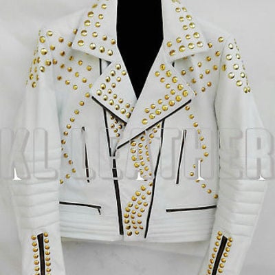 New philips plain white studded embroidery patches leather jacket biker men - Thumbnail 2