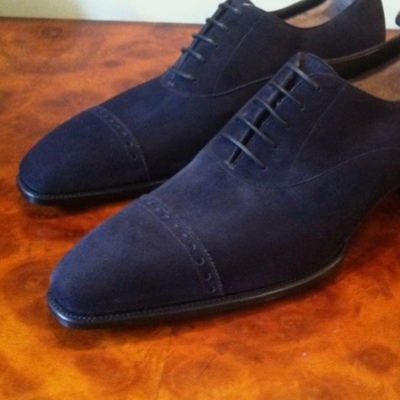Men's navy blue suede oxfords cap toe lace up formal handmade shoes