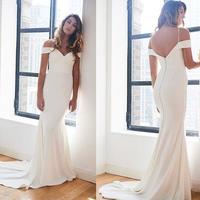 Simple Mermaid Off the Shoulder White Satin Wedding Dresses with Straps - Thumbnail 1