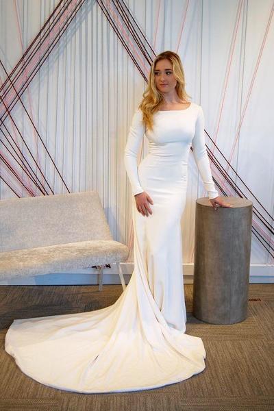 Vintage Mermaid Scoop Neck Long Sleeves White Wedding Dresses with Train