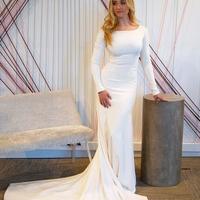 Vintage Mermaid Scoop Neck Long Sleeves White Wedding Dresses with Train - Thumbnail 1
