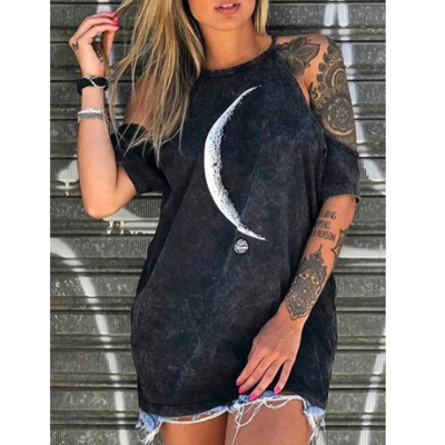 Loose Strapless Moon Print T-Shirt