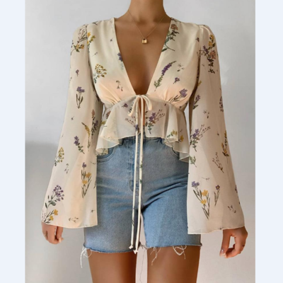 Sexy botanical print ruffles chiffon shirt - Thumbnail 4