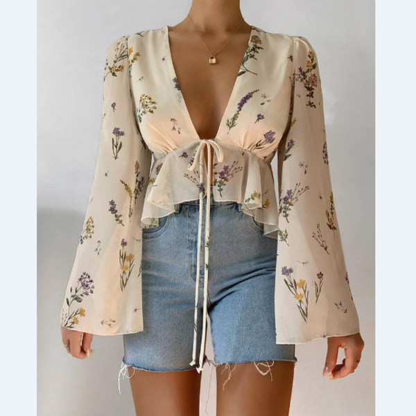 Sexy Botanical Print Ruffles Chiffon Shirt